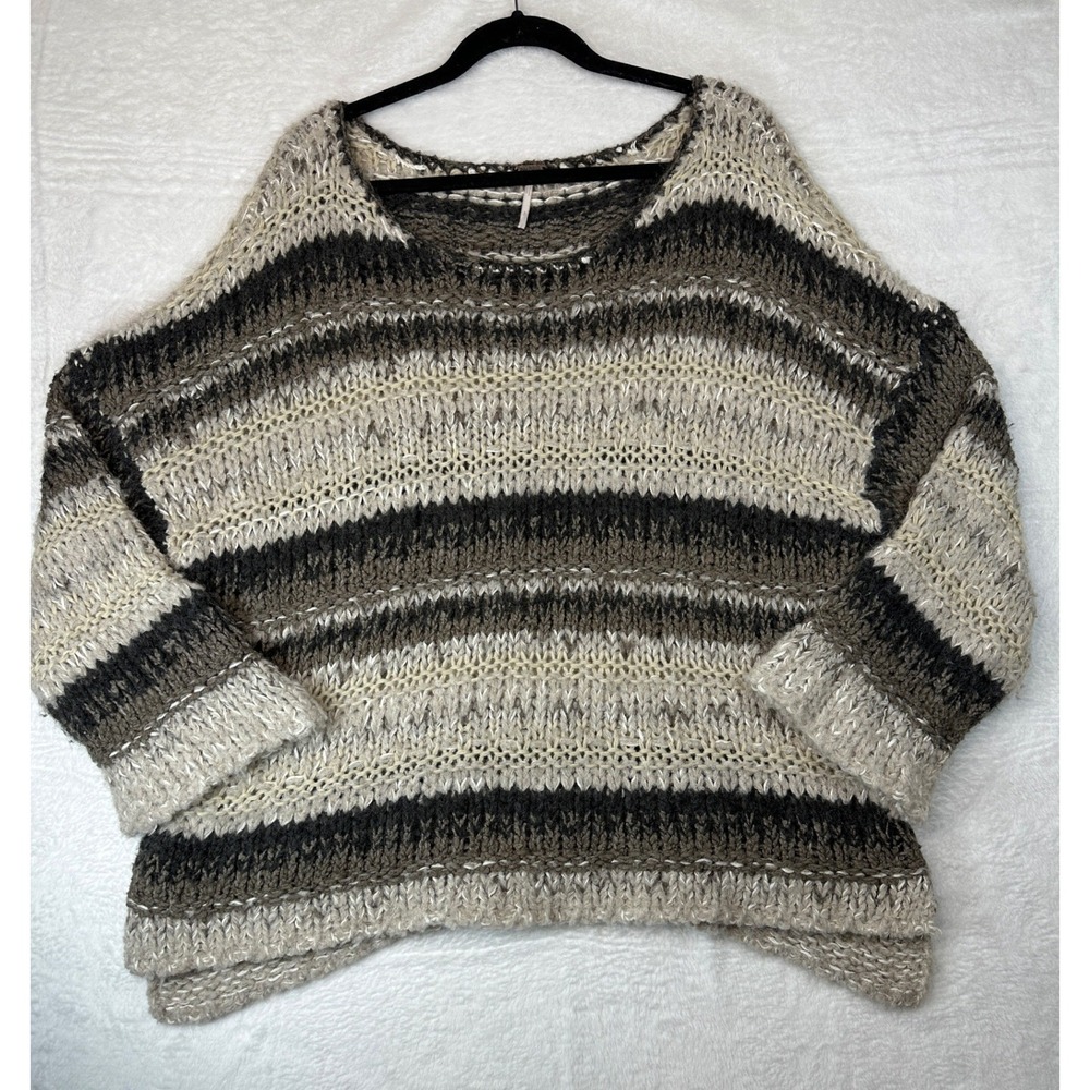Free People Striped Sweater Womens Medium Grey Oversized Chunky Knit Pullover